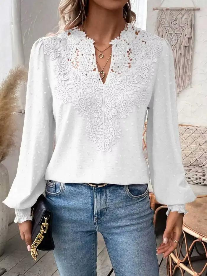 Pull à manches longues pour femmes, tendance, Sexy, dentelle, col en V, manches bouffantes, hauts mi