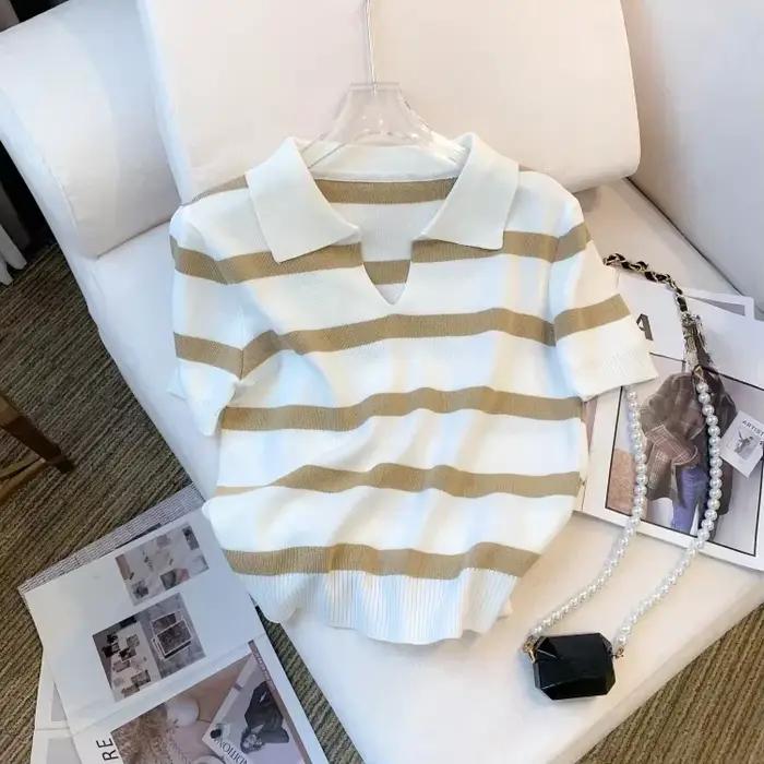 Nouveau pull à col rayé 2026 – Haut court tricoté polyvalent à manches courtes pour femme, idéal pri
