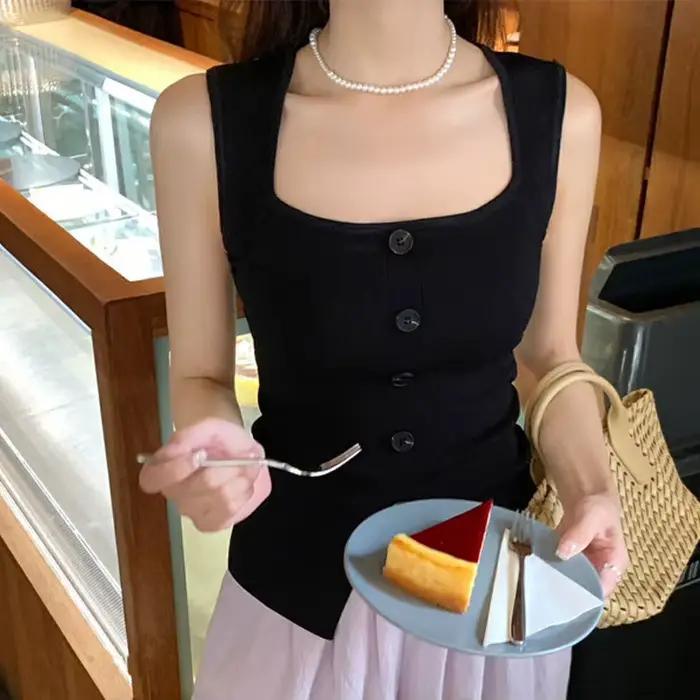 Gilet tricoté Sexy à col carré pour femmes, haut fendu sans manches, Slim, à la mode, décontracté, é