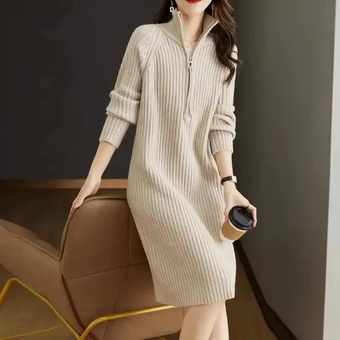 Robe pull à col haut pour femme, tricot, fermeture éclair, robe éducative, jupe élégante pour femme,