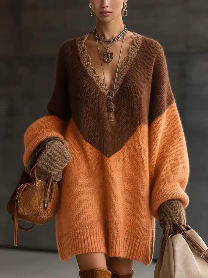 Robe pull en tricot pour femmes, couleur contrastée, col en V sexy, décontractée, manches longues, v