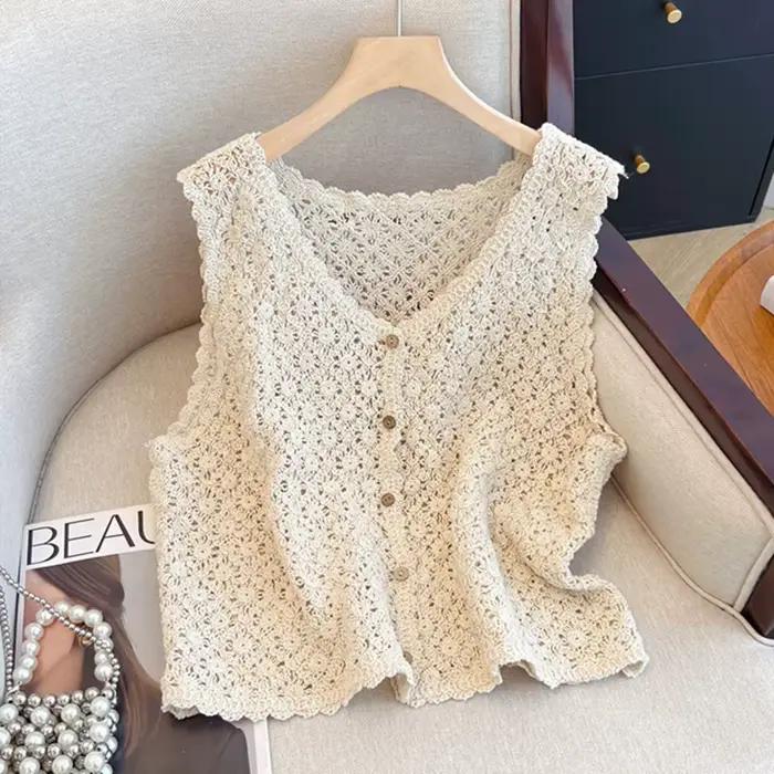 Vintage Boho Style Beige Crochet dentelle gilet femme sans manches tricot débardeur printemps été co