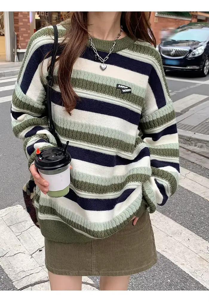 Pull tricoté à rayures vertes pour femme, ample, décontracté, basique, manches longues, col rond, no