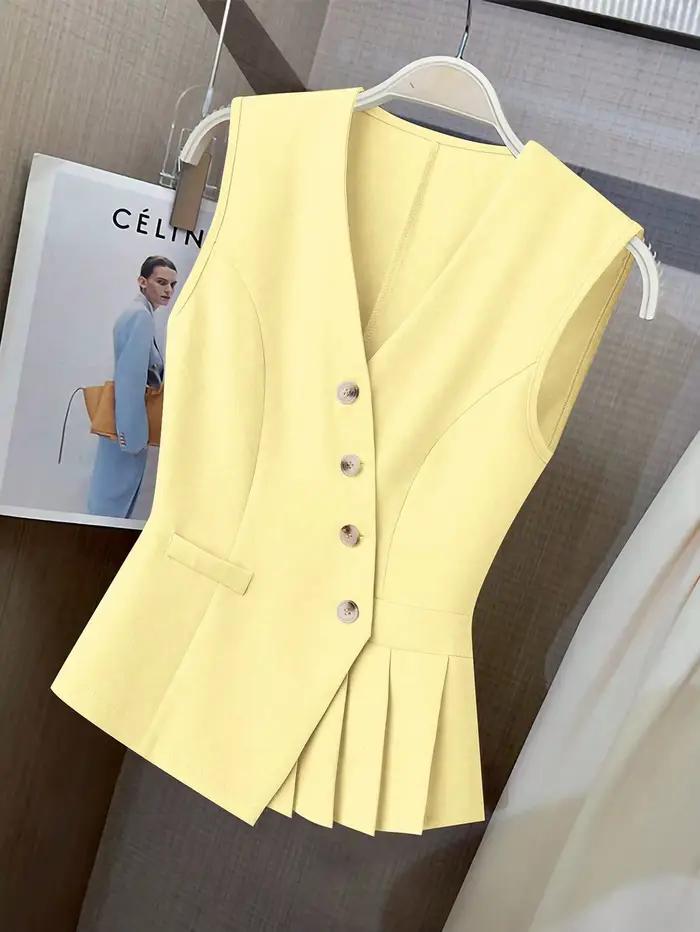 Gilet sans manches à col en V pour femme - Gilet asymétrique formel à boutons avec poche pour le bur