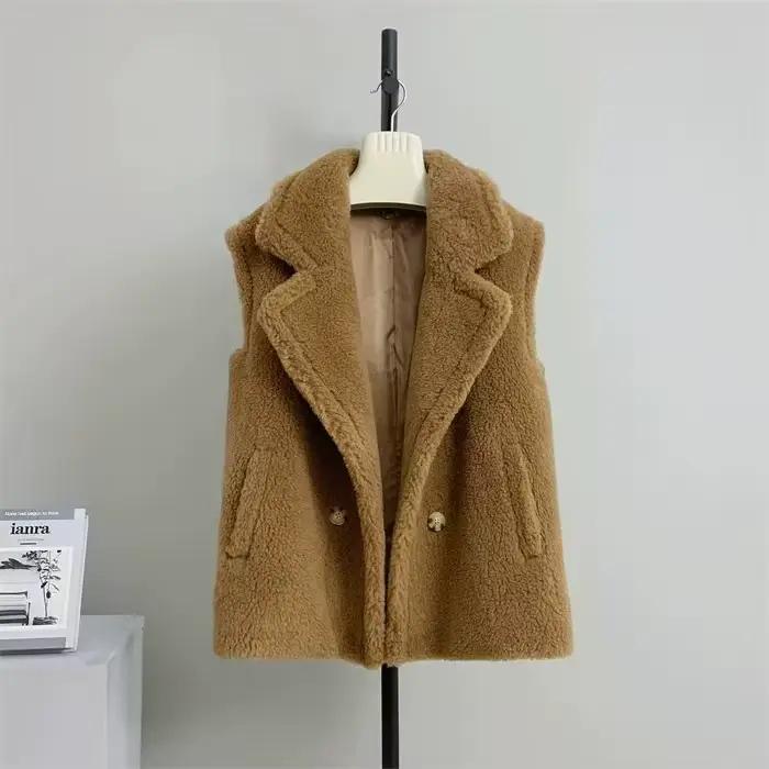 Manteau en fausse fourrure d'agneau pour femme, veste courte sans manches, couleur unie, col à rever