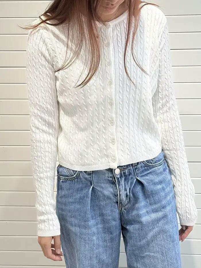 Cardigan en tricot à fleurs torsadées pour femme, Simple, décontracté, col rond, Simple boutonnage, 