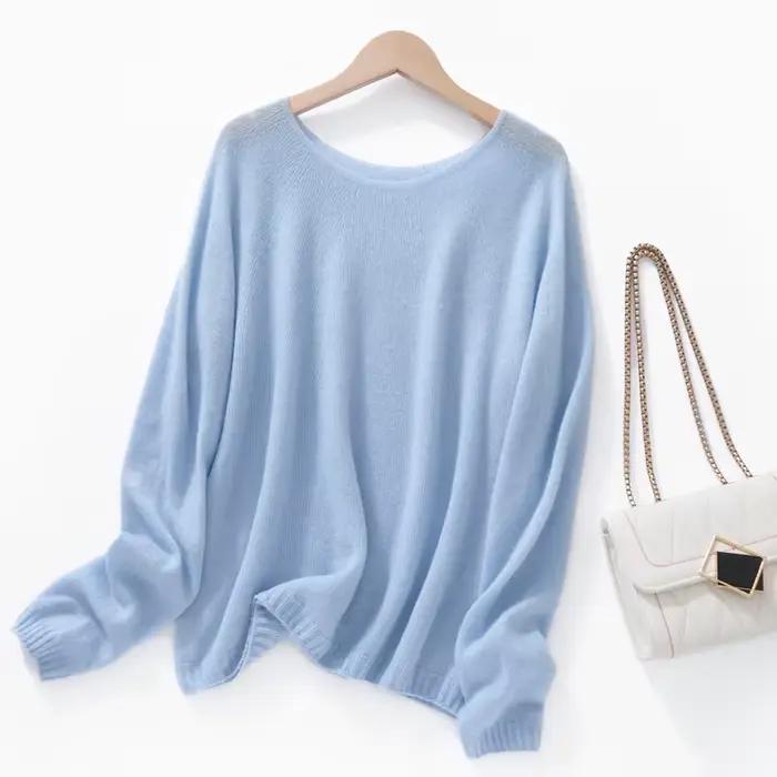 Pull en Soie et Cachemire pour Femme, Col Rond, Coupe Ample, Tricot Printemps-Automne, Haut à Manche