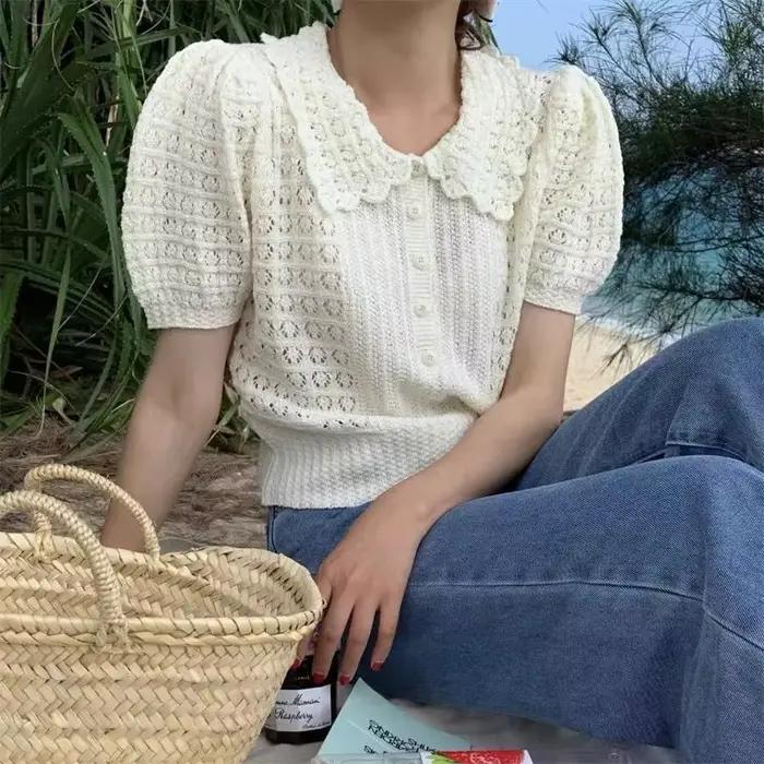 Cardigan à boutons pour femmes, T-shirt à manches courtes, simple boutonnage, col Peter Pan, nouveau