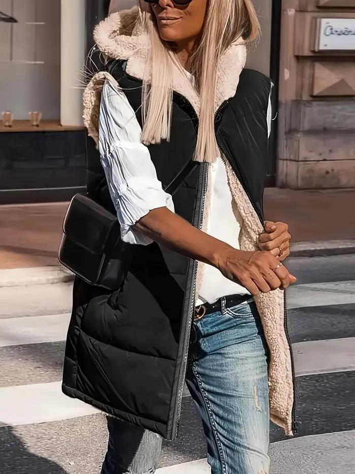Gilet d'hiver réversible chaud pour femme, sans manches, à capuche, doublé polaire, fermeture éclair