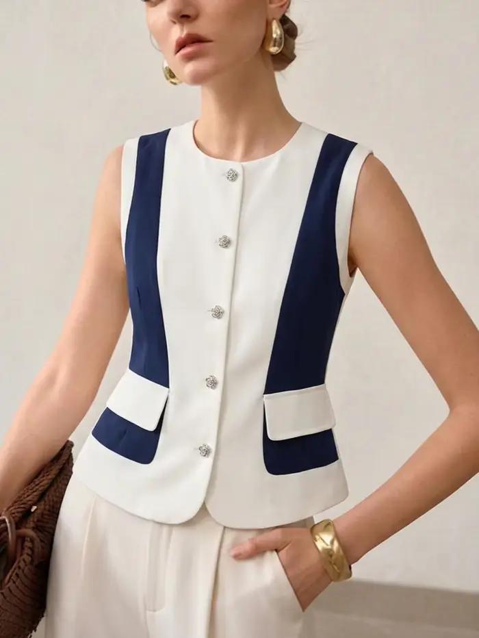 Gilet élégant pour femme, style français chic, sans manches, bleu marine et blanc, avec boutons bijo