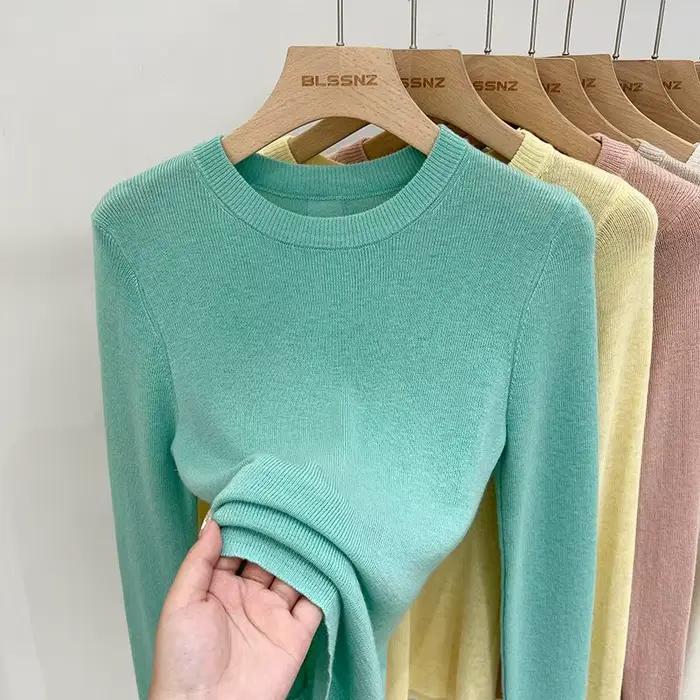 OCEANLOVE couleur bonbon mince Femme chandails solide col rond mode coréenne pulls bases printemps a
