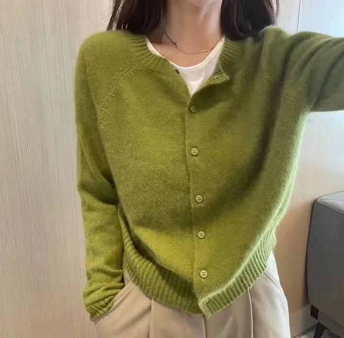 Cardigan court en cachemire pour femmes, col rond, pull de tempérament, manteau, vert avocat, haut e