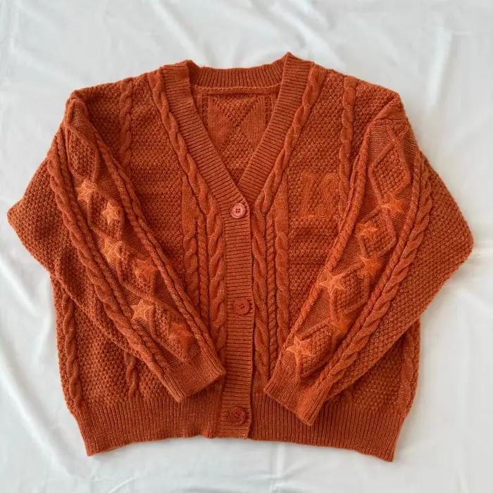 Cardigan Orange Scintillant pour Femme, Pull Tricoté Showgirl avec Fil Doré et Broderie Étoile, Mant