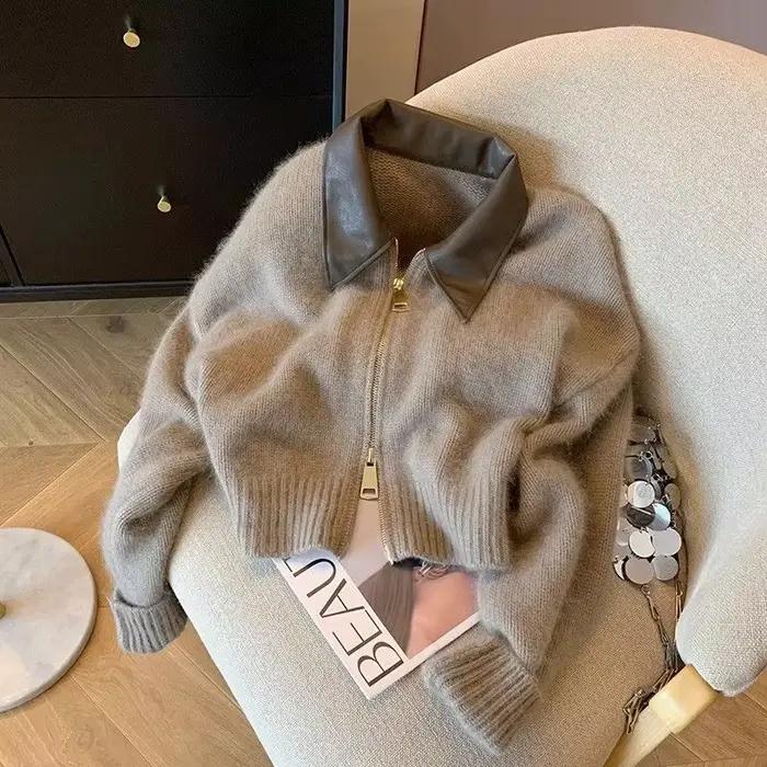 Patchwork fermeture éclair recadrée Chic Cardigan femmes épais automne tricoté pull Bomber veste Vin