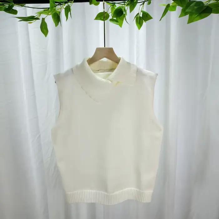 Gilet en tricot coréen uni à col tailleur sans manches, polyvalent et décontracté pour femme, automn