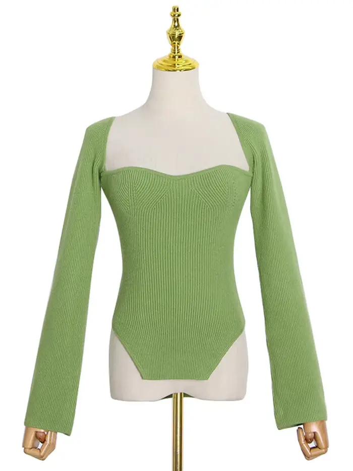 TWOTWINSTYLE – pull tricoté uni à manches longues pour femme, col carré, Slim, décontracté, printemp