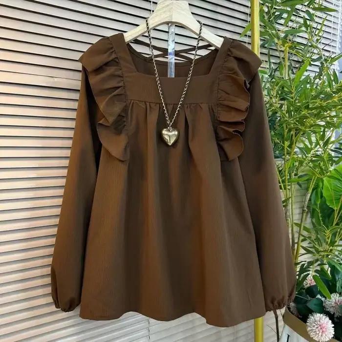 Chemisier ample pour femmes, couleur unie, col carré, volants, Simple, assorti avec tout, Slim, styl