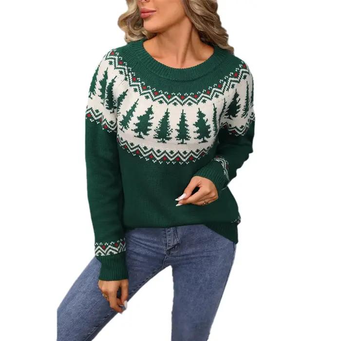 Pull de noël européen et américain pour femmes, col rond, Jacquard, arbre de noël vert, nouvelle col