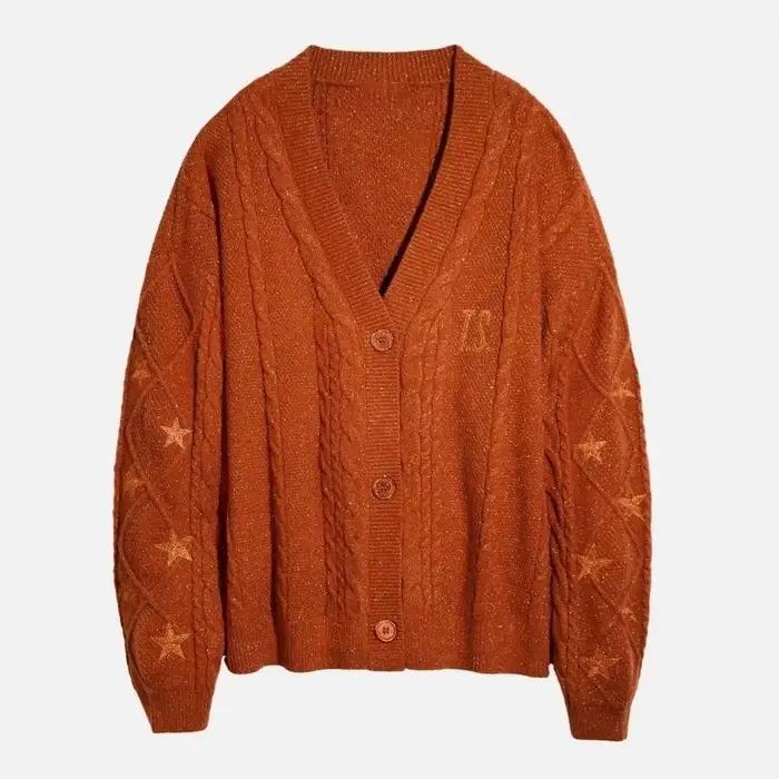 Cardigan TS scintillant pour femmes, pull en tricot épais Orange avec broderie d'étoiles, fil doré, 