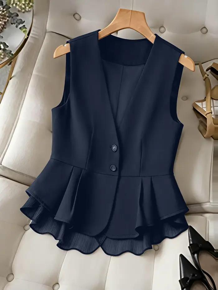 Gilet péplum élégant à col en v pour femmes, gilet blazer boutonné sans manches avec ourlet en mouss