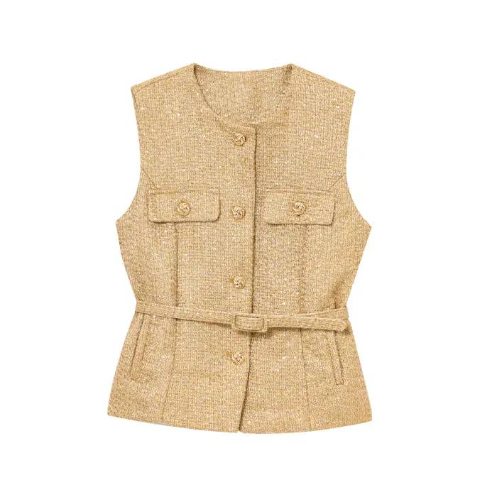 Gilet en tweed rétro élégant pour femme HH, ajusté à la taille, boutonné, sans manches, style classi