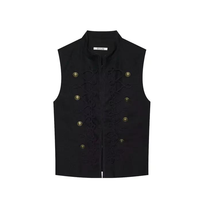 HH Gilet élégant rétro noir sans manches, à double boutonnage avec boutons grenouille, pour occasion