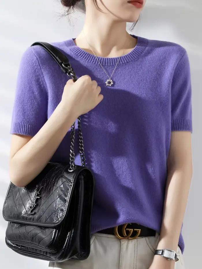 Pull tricoté à manches courtes et col rond pour femme, T-Shirt avec couche de Base, haut court, conf