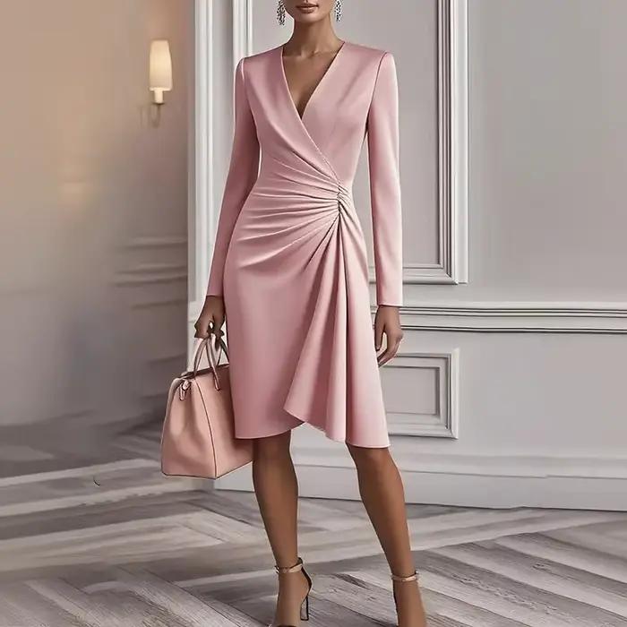 Robe mi-longue élégante à col en V pour femmes, mode, manches longues, taille haute, couleur unie, t