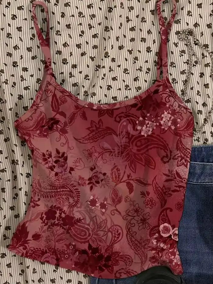 Gilet sexy rouge à motif floral vintage, haut court pour femme