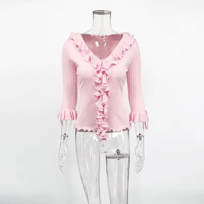 Pull fin d'été 2026 pour femme, col en V, à volants, style streetwear, coupe ajustée, haut de vacanc