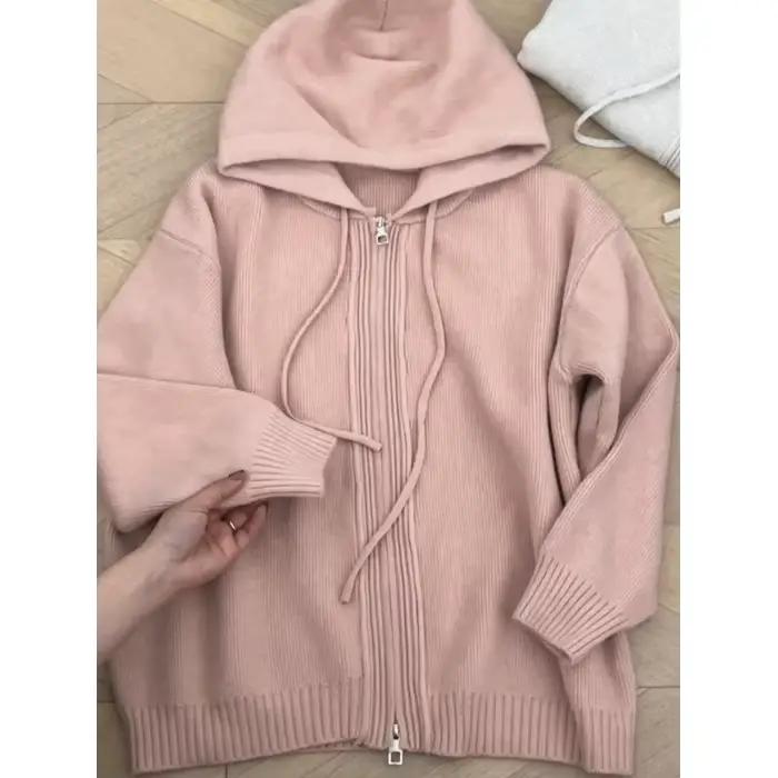 Pull à capuche gris pour femme, manteau, Double fermeture éclair, manches longues, ample, tricoté, S
