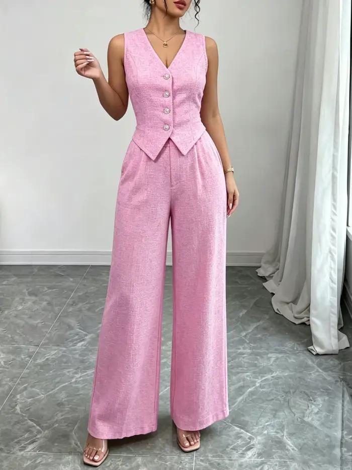 Ensemble chic pour femme : gilet rose sans manches à col en V boutonné et pantalon large taille haut