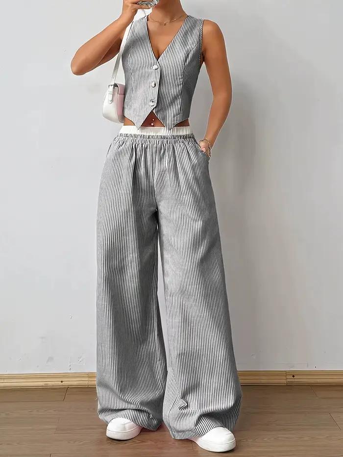 2025 nouveau élégant rayé sans manches col en v gilet + taille contraste couleur pantalon deux pièce