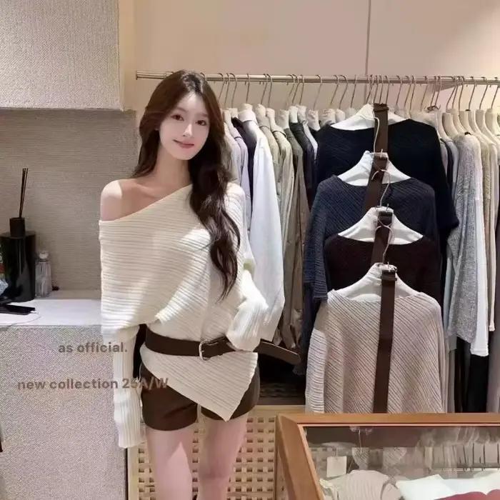 Pull tricoté irrégulier à manches longues avec ceinture et épaules inclinées, nouveau haut de tempér