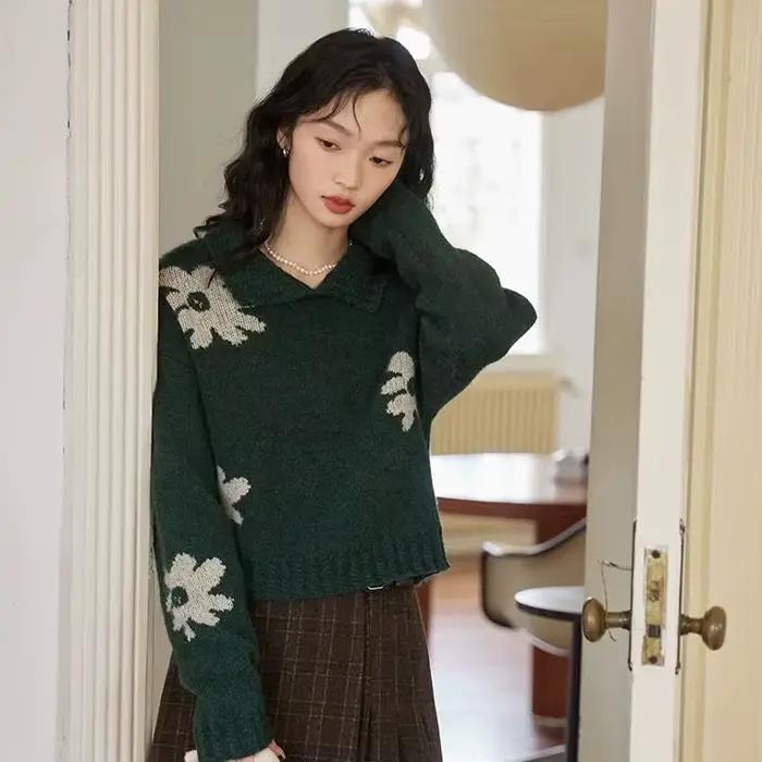 Pull à revers gris à fleurs rétro français pour femmes, ample, Style paresseux, court, haut en trico