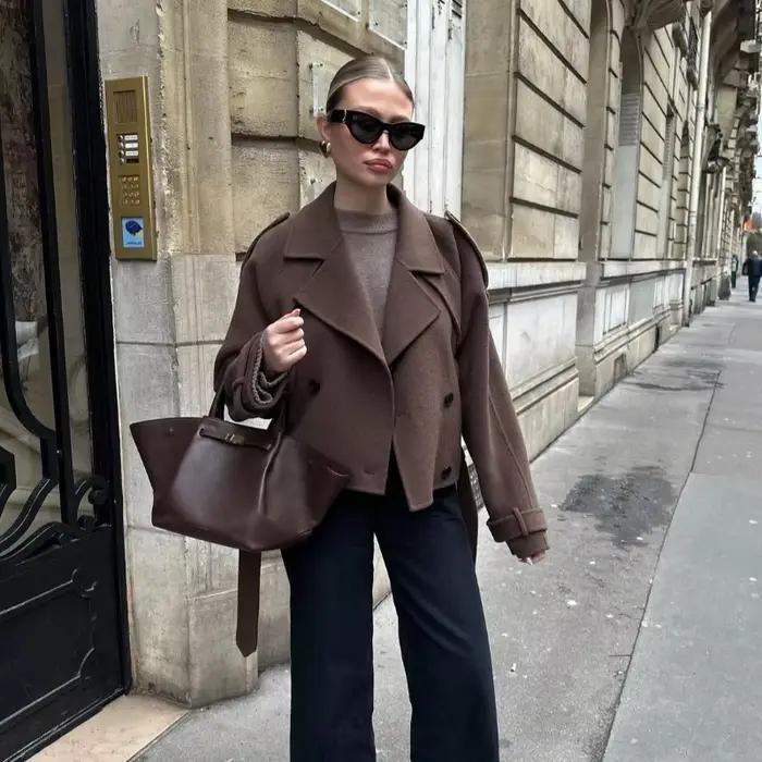Manteau en mélange de laine de chameau pour femme, élégant, à revers larges, col châle, manches long