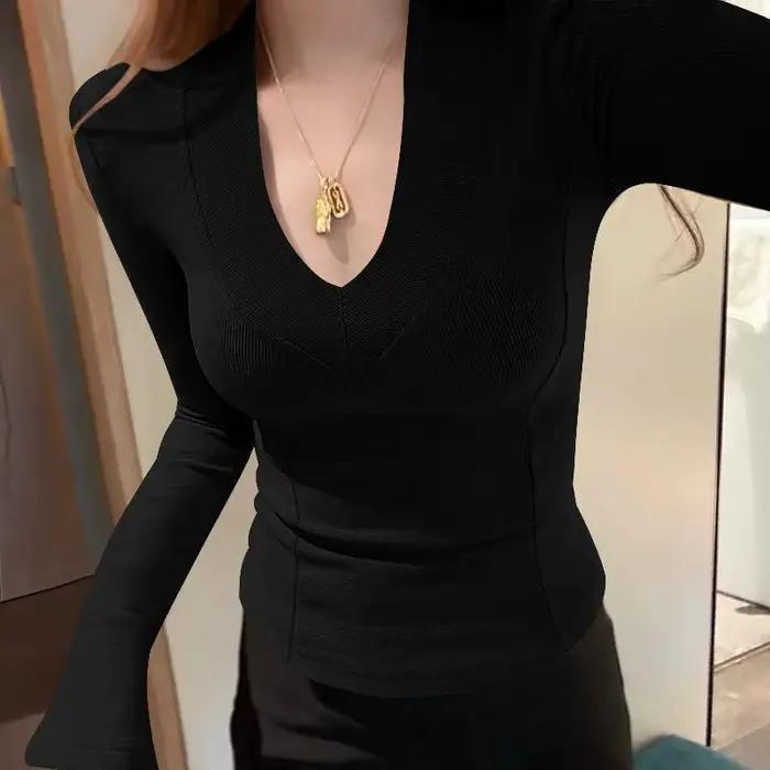 Pull à col en V fileté pour femme, chemise de base, simple, sexy, solide, document, mince, manches é