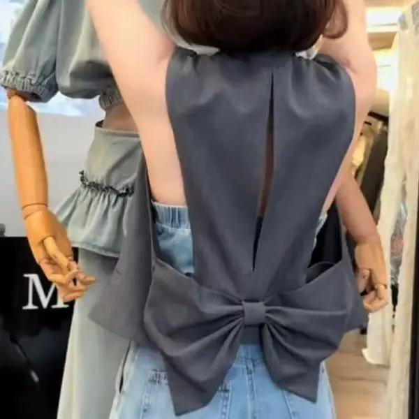 Vestes amples sans manches pour femmes, manteau Simple avec nœud gris, à la mode, Y2k, col en v, hau