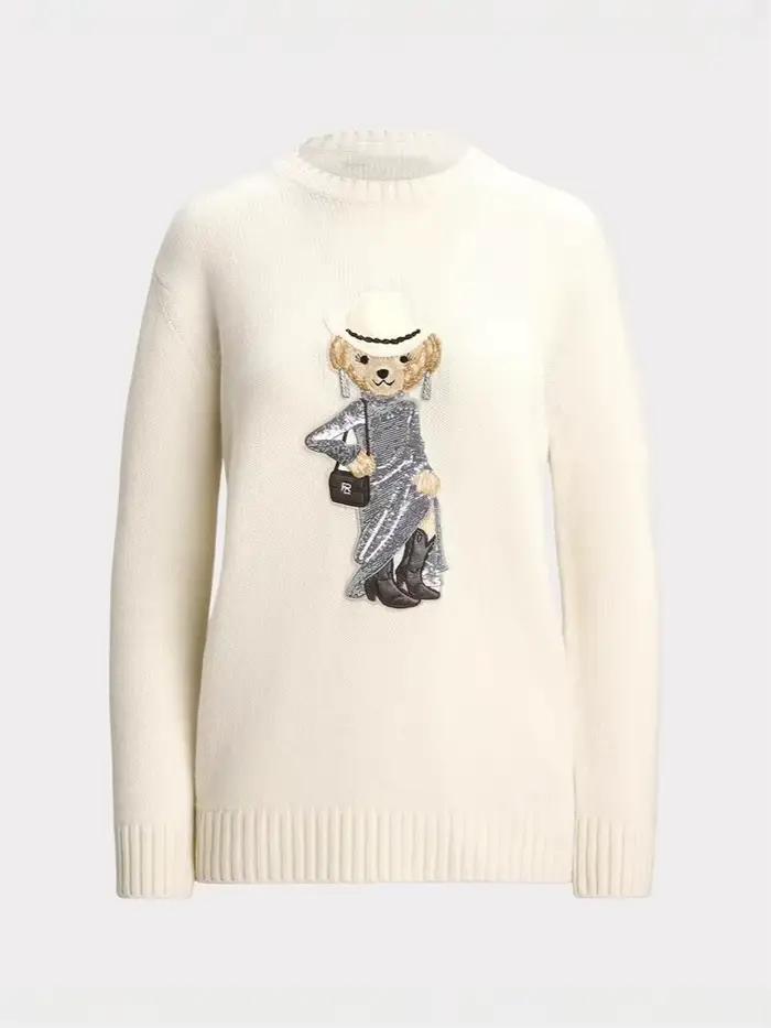 Pull en tricot Lazy Bear pour femme, ample, classique, col rond, pull en tricot, motif graffiti, man