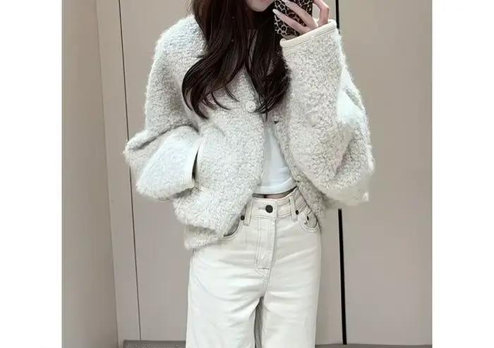 Cardigan blanc manteau d'agneau pour femme automne et hiver nouveau manteau court ample décontracté 