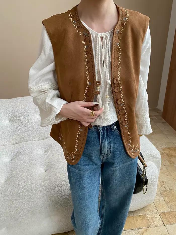 Veste gilet en daim imitation broderie de style ethnique chinois