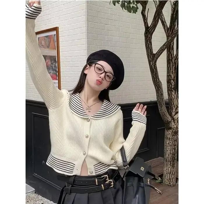 Cardigan tricoté à la mode pour femmes, nouveau col marin Y2k, printemps et automne