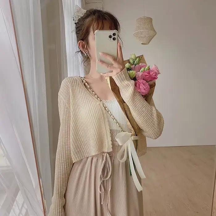Sunproof-Cardigan évidé pour femme, pull court coréen, doux, mignon, élégant, solide, transparent, a