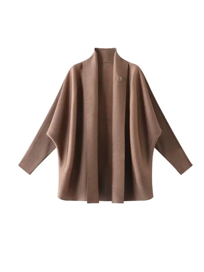 Cardigan plissé Miyake pour femme, nouvelle collection 2025, couleur unie, col écharpe, manches chau