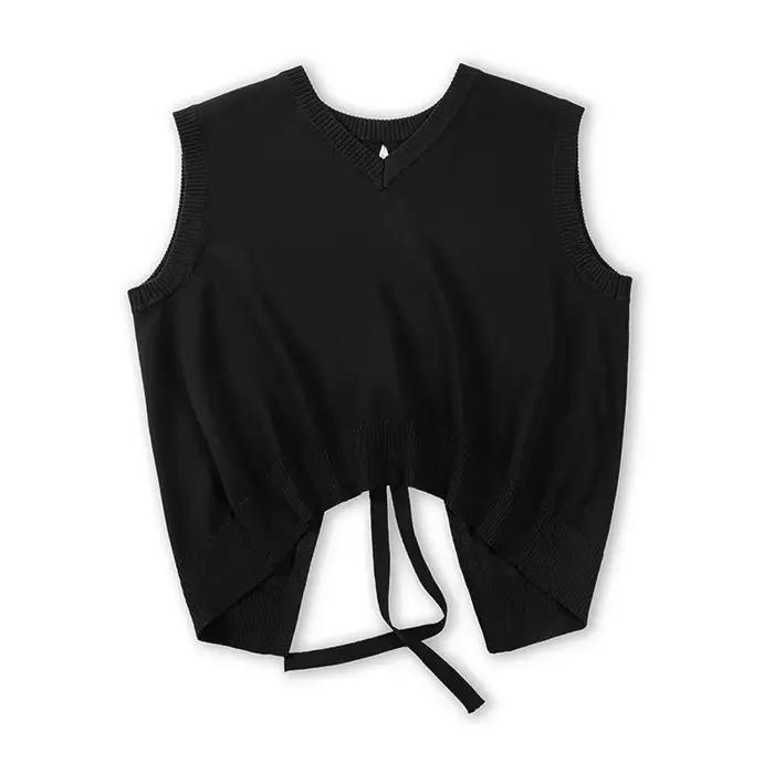 Maden – gilet tricoté sans manches pour femmes, décontracté, col en v, Vintage, noir, pull à lacets,