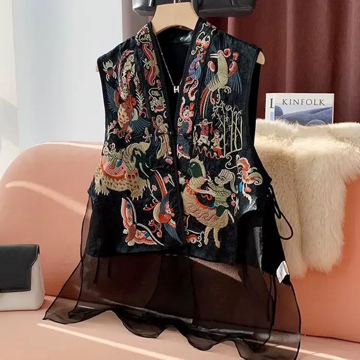 Style chinois femmes gilet manteaux Patchwork gaze broderie gilet 2025 Ropa Mujer Vintage réservoirs