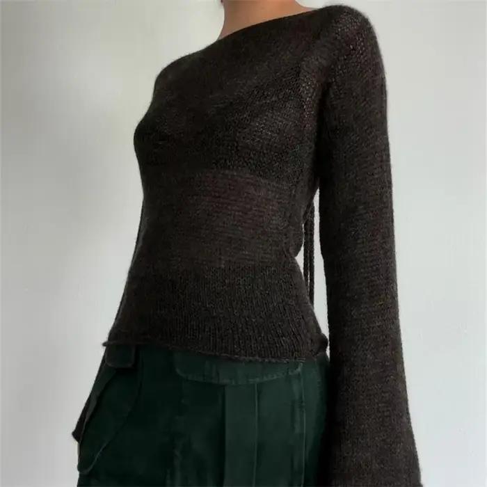 Pull à Manches sulfet Col Bateau pour Femme, Vêtement en Tricot Solide, Décontracté, Noir