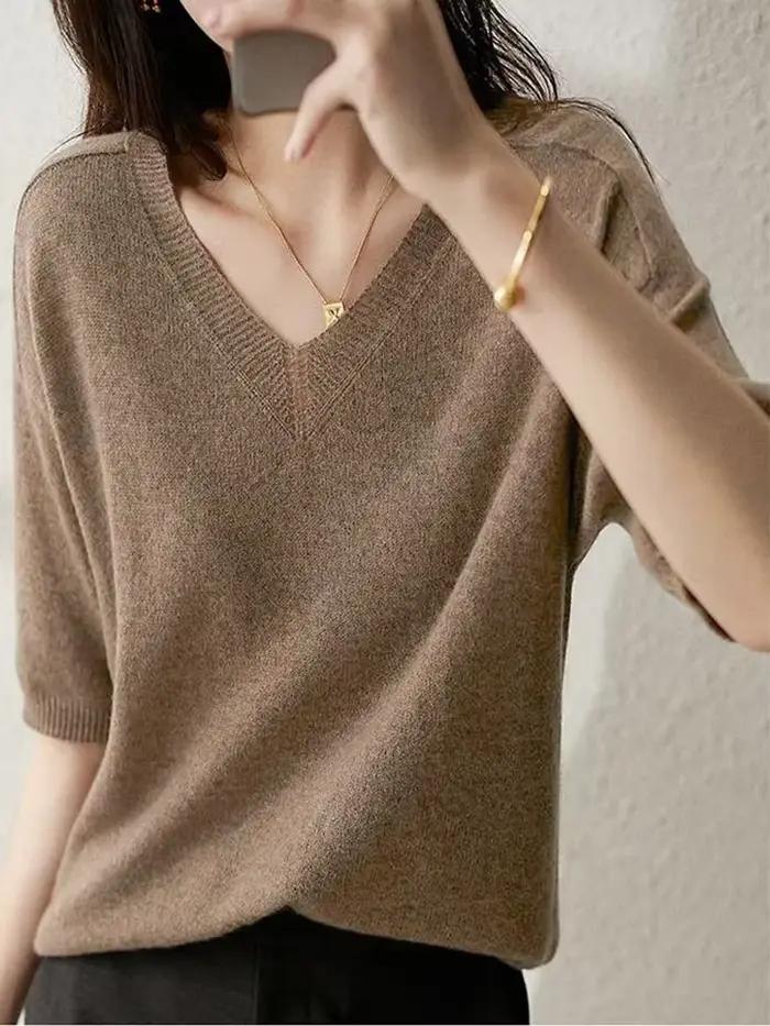 Pull en Cachemire à Demi Manches et Col en V pour Femme, Chandail Basique de Haute Qualité, V1097