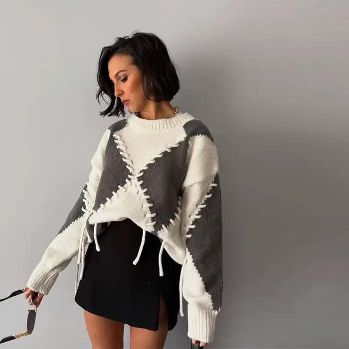 Lingge élégant cordon femmes pulls solide col rond tricoté manches longues chandails femme 2025 auto