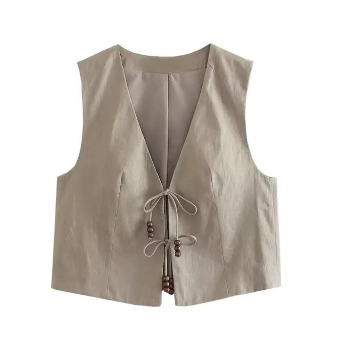 MUJER perles gilet sans manches femme col en V noir recadrée gilet femmes veste attachée manteaux co